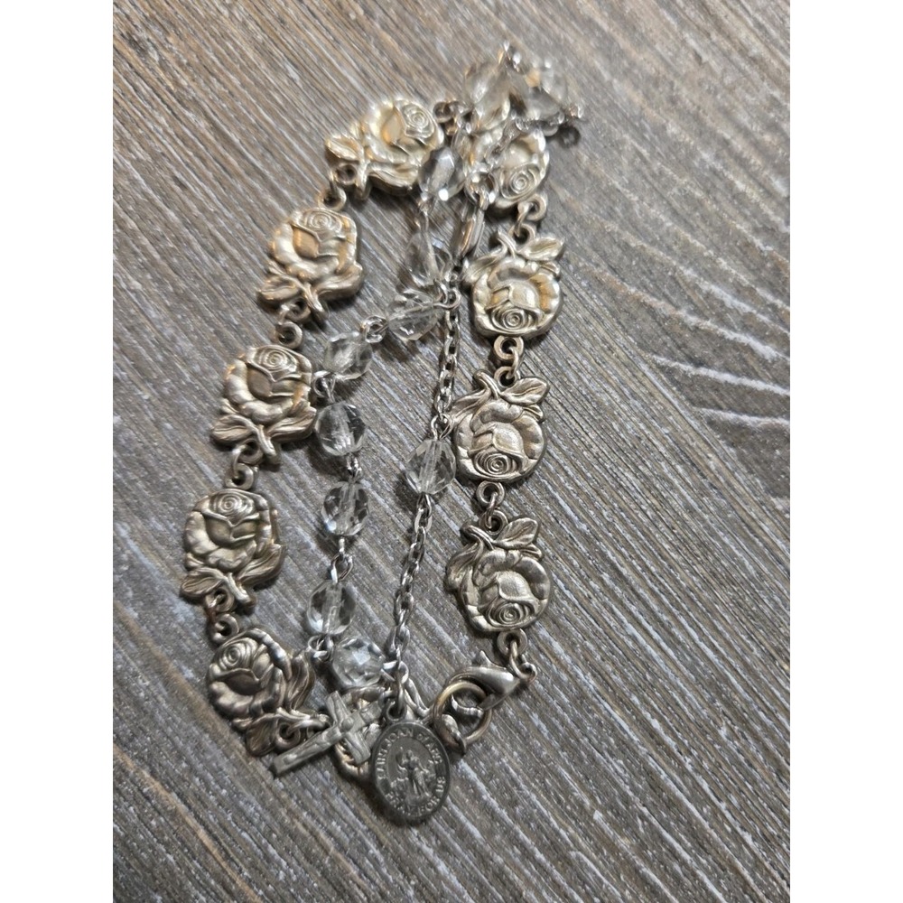 Pair Of Catholic Bracelets In Silver Tone With Roses, Saints, and Crucifix - Picture 2 of 6
